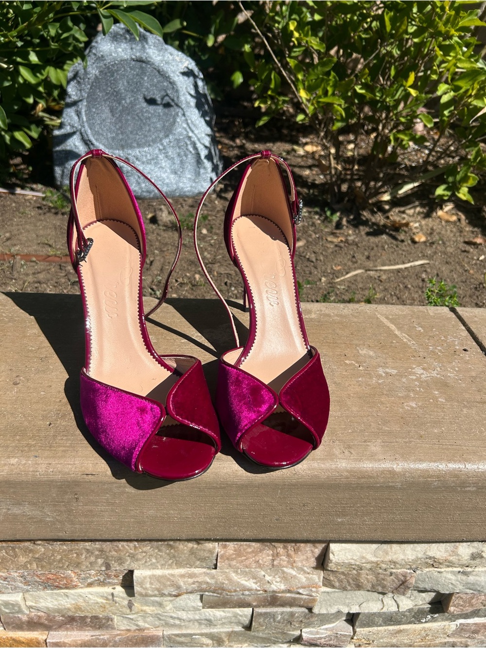 J crew Velvet Ankle-Strap Heels in Fuchsia